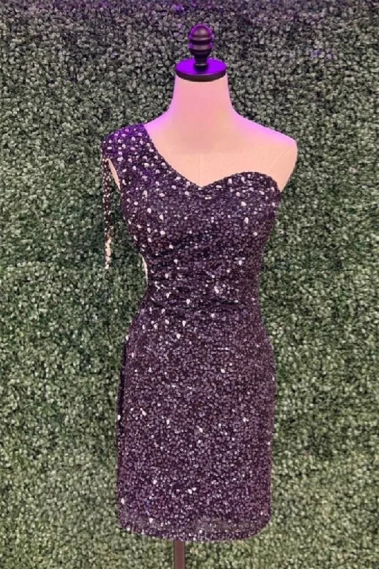 Black One Shoulder Sheath Sequins Homecoming Dress with Tassels