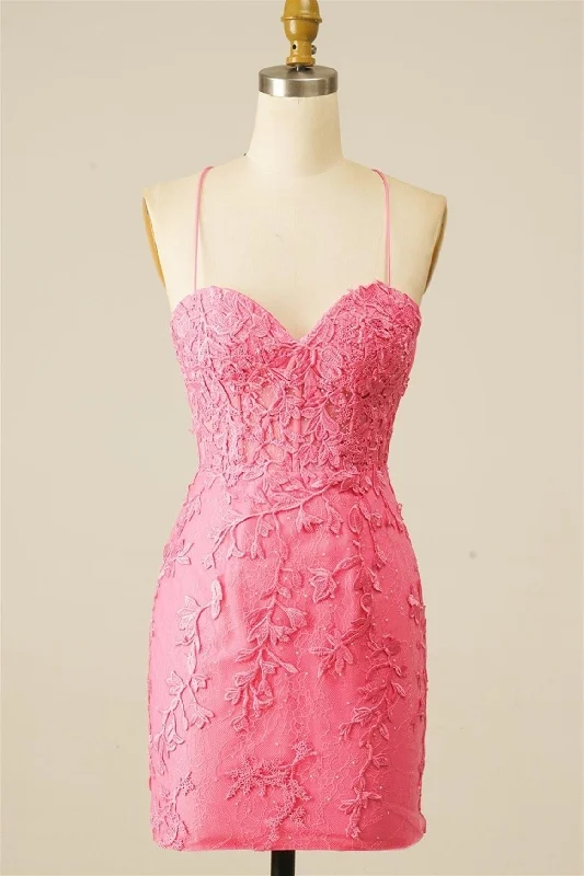 Pink Sweetheart Lace-Up Sheath Appliques Homecoming Dress
