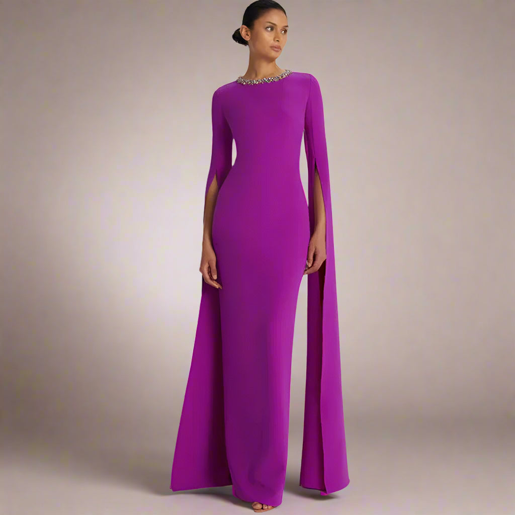 Dark Magenta Prom Dress – Jersey Rhinestone Bespoke Gown, Column Scoop Neck, Floor-Length