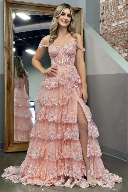 Pink/Black/White A Line Off the Shoulder High Slit Layered Lace Long Prom Dresses, Pink/Black/White Lace Formal Graduation Evening Dresses WT1587