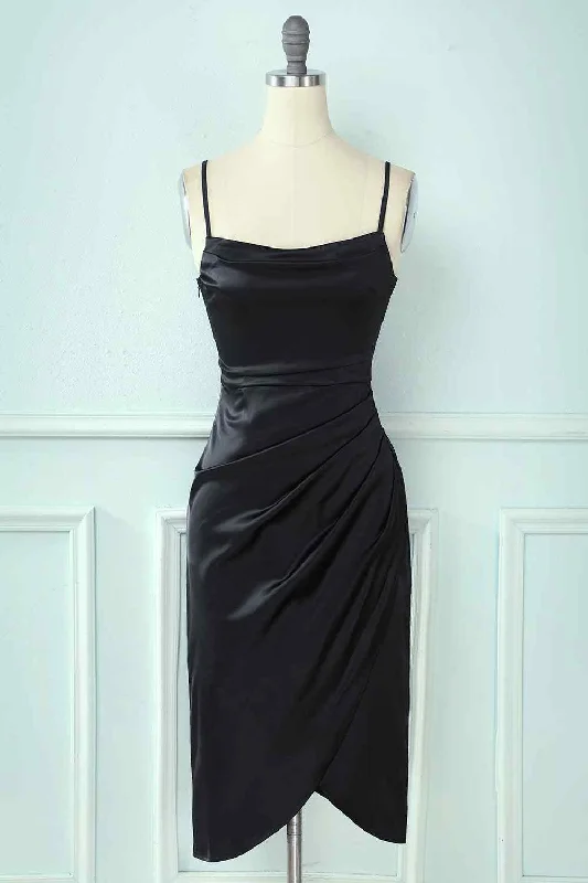Faux-Wrap Spaghetti Straps Satin Pleated Knee Length Homecoming Dress