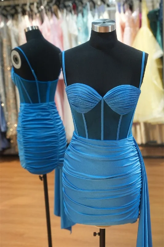 Blue Spaghetti Straps Ruched Bodycon Homecoming Dress