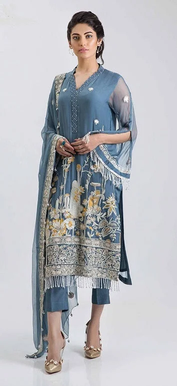 Alluring Pakistani pure chiffon dress in bluish grey color # P2236