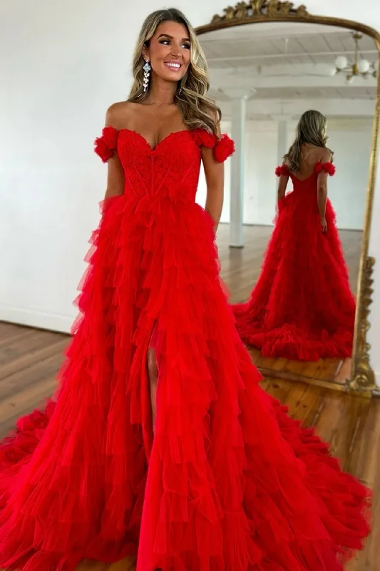 Red Off the Shoulder High Slit Ruffle Tulle Lace Long Prom Dresses, Red Lace Formal Evening Dresses, Red Ball Gown WT1589 Red Off the Shoulder High Slit Ruffle Tulle Lace Long Prom Dresses, Red Lace Formal Evening Dresses, Red Ball Gown WT1589