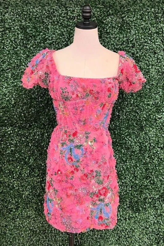 Hot Pink Puff Sleeves Ruffled Sequined Embroidery Sheath Homecoming Dress