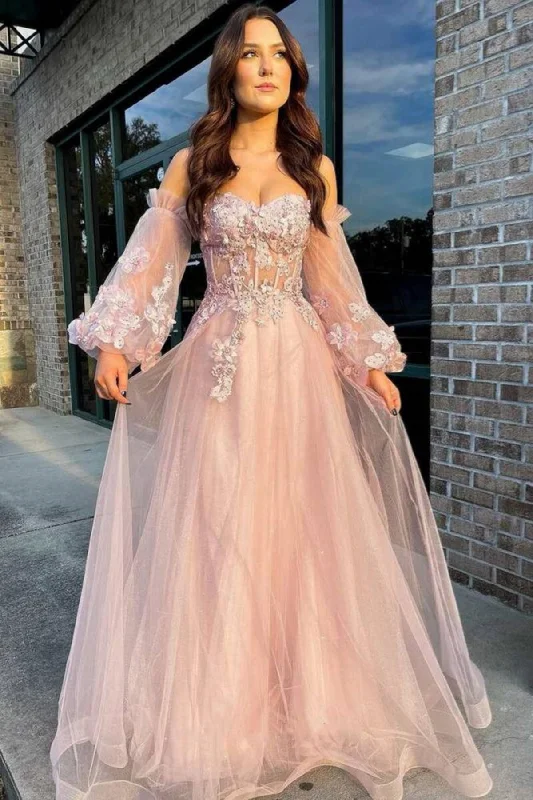 Pink A Line Long Sleeves Lace Floral Long Prom Dresses, Pink Lace Formal Graduation Evening Dresses WT1593 Pink A Line Long Sleeves Lace Floral Long Prom Dresses, Pink Lace Formal Graduation Evening Dresses WT1593