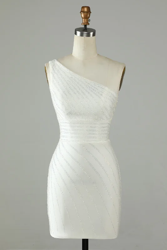 White One Shoulder Beaded Sheath Homecoming Dress