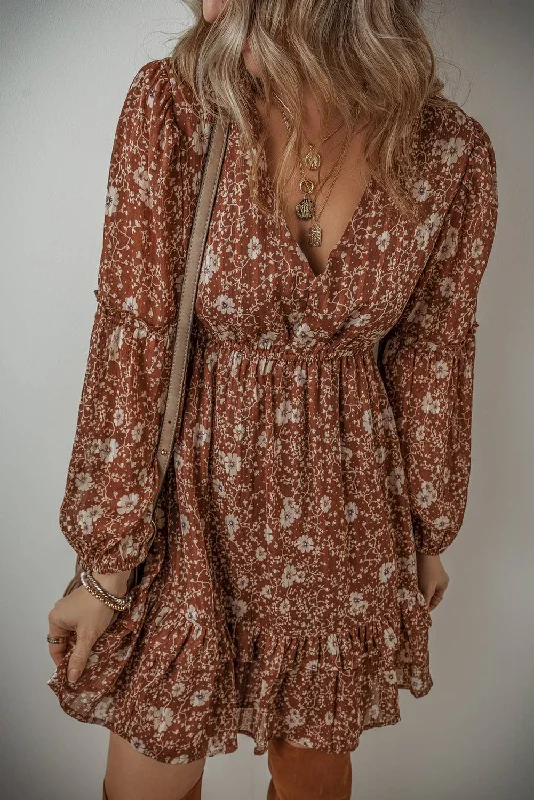 Brown Floral Keyhole Dress