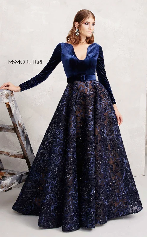 MNM Couture N0263 Long Sleeve Velvet Long Formal A Line Dress