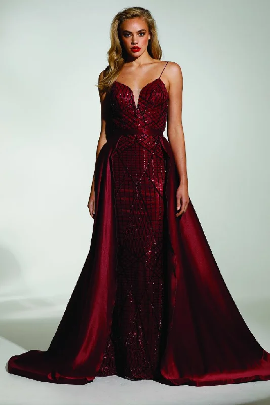 Tinaholy Couture T17128 Wine Red Sequin Mermaid Skirt Formal Gown Prom Dress