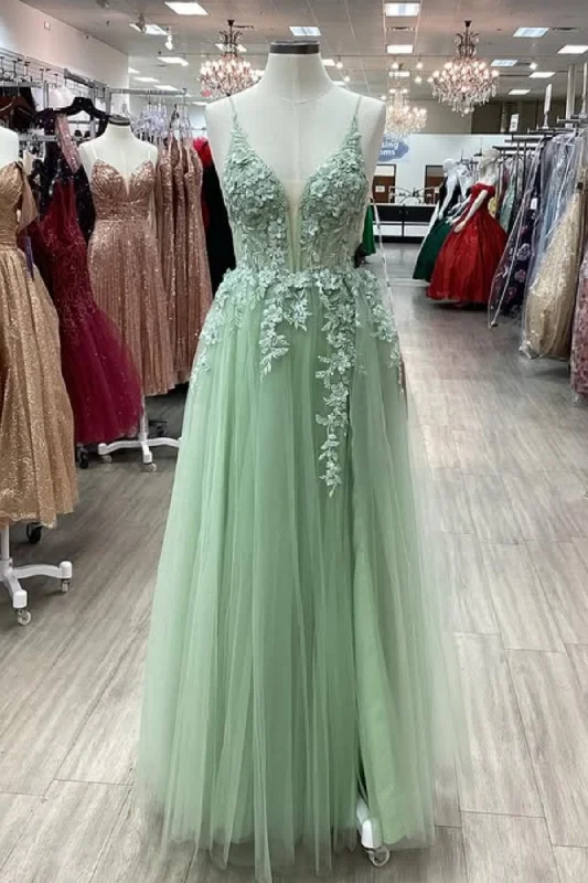 Green Tulle A Line V Neck Lace Long Prom Dresses, Green Lace Formal Graduation Evening Dresses WT1592 Green Tulle A Line V Neck Lace Long Prom Dresses, Green Lace Formal Graduation Evening Dresses WT1592