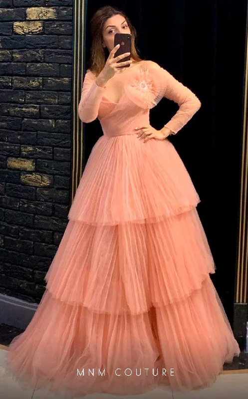 MNM Couture N0342 Long Sleeve Floral A Line Formal Pleated Evening Dress