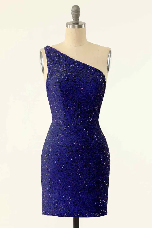 Sheath One Shoulder Sequins Strap Back Mini Homecoming Dress