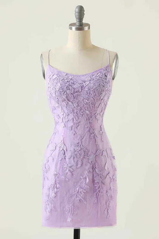 Lilac Sheath Scoop Neck Lace-up Back Applique Mini Homecoming Dress