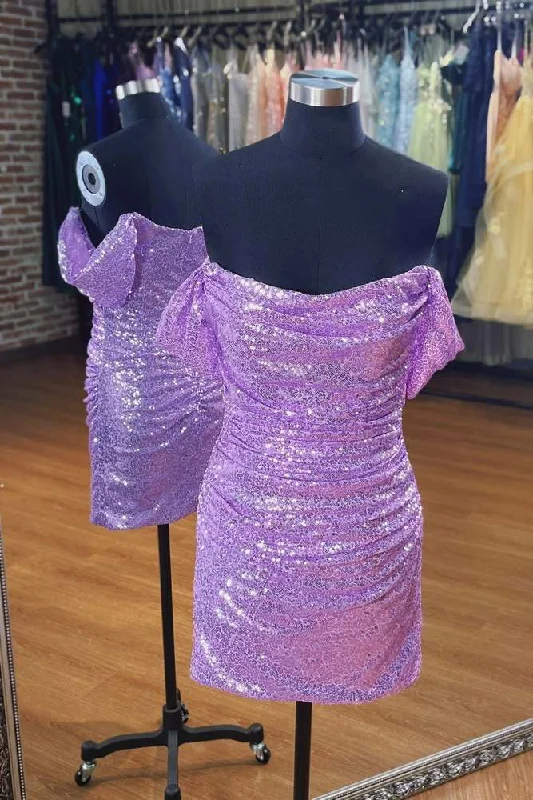 Sheath Off-the-Shoulder Pleated Sequins Mini Homecoming Dress