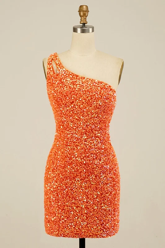 Orange Sequins One Shoulder Sheath Homecoming Dress
