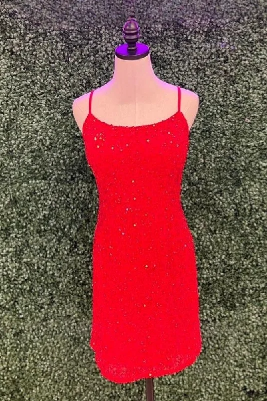 Red Straps Beaded Sheath Homecoming Dress