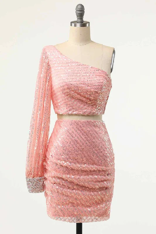 Pink Sheath One Shoulder Long Sleeve Two-Piece Mini Homecoming Dress