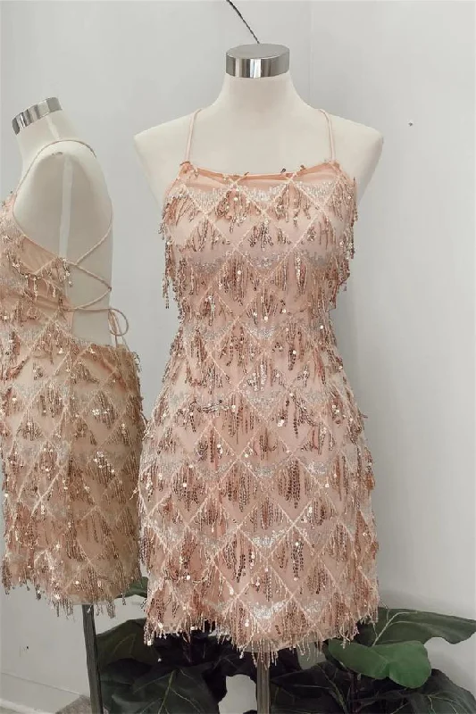 Champagne Sequin Square-Neck Geometric Tassel Homecoming Dress