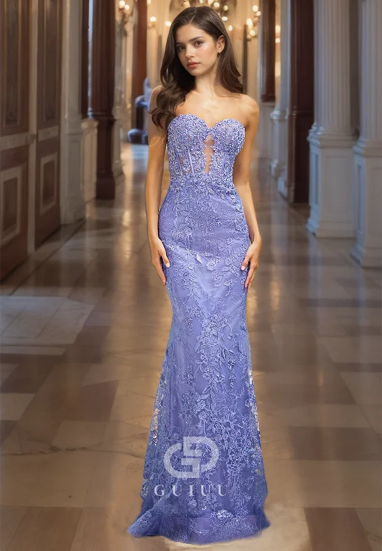 Exquisite Backless Mermaid Prom Dress Lavender Sweetheart Evening Dress with Lace Appliques Tunics Short Trendy Exquisite Backless Mermaid Prom Dress Lavender Sweetheart Evening Dress with Lace Appliques Tunics Short Trendy