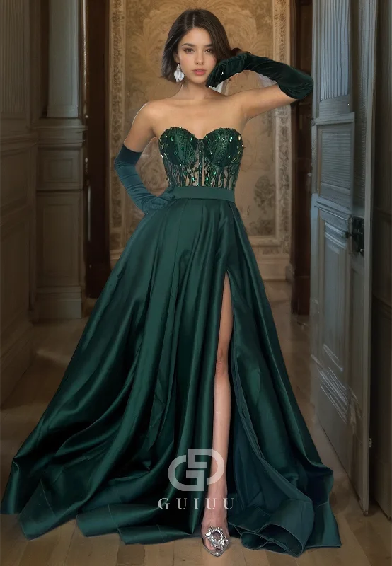 Pleated Sexy Sweetheart Prom Dress Dark Green Crystal Evening Dress with High Slit Tunics Canvas sturdy Pleated Sexy Sweetheart Prom Dress Dark Green Crystal Evening Dress with High Slit Tunics Canvas sturdy