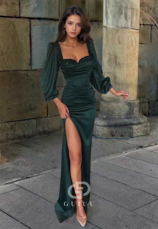 Draped Sequined Prom Dress with Long Sleeves and High Slit Dark Green Formal Evening Dress Tunics Recommended stylist Draped Sequined Prom Dress with Long Sleeves and High Slit Dark Green Formal Evening Dress Tunics Recommended stylist