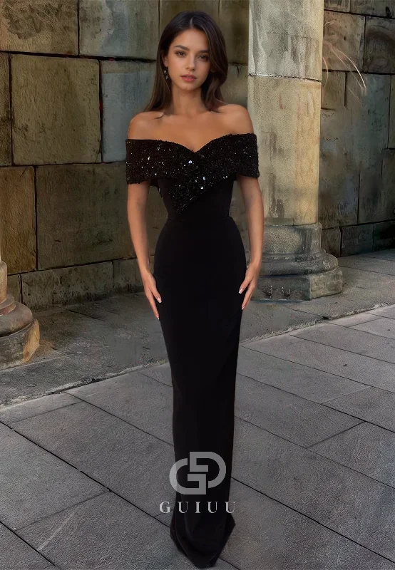 Off-Shoulder Simple Prom Dress Slim Black Evening Dress with Sequins Tunics Silk luxurious Off-Shoulder Simple Prom Dress Slim Black Evening Dress with Sequins Tunics Silk luxurious