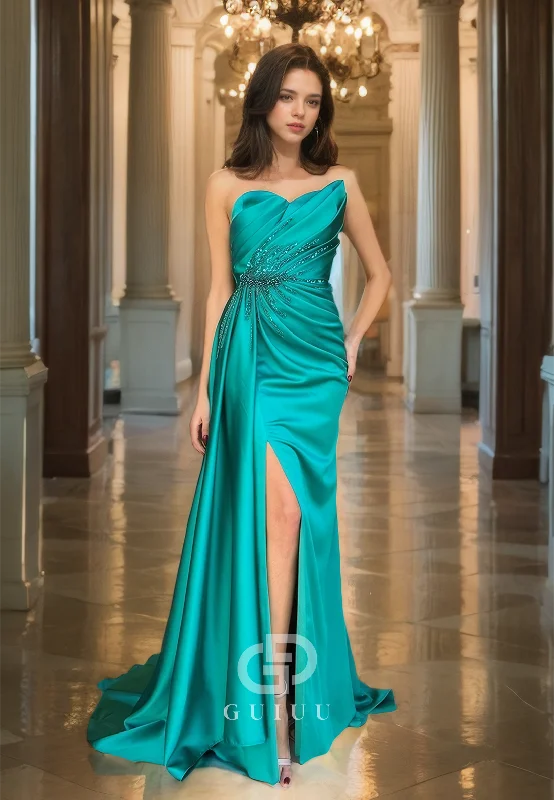Jade Draped Trumpet Prom Dress Beaded Simple & Casual Strapless Evening Dress with Sweep Train Tunics Luxurious premium Jade Draped Trumpet Prom Dress Beaded Simple & Casual Strapless Evening Dress with Sweep Train Tunics Luxurious premium