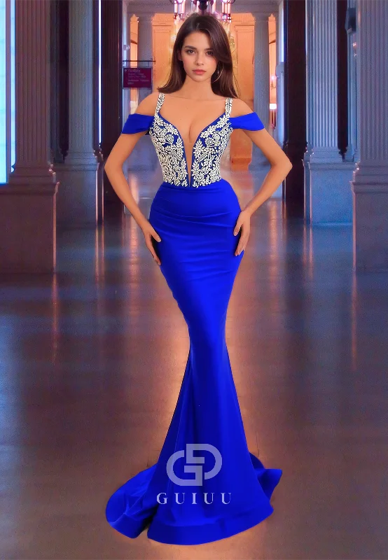 Royal Blue Sheath Off-Shoulder Prom Dress Plunging Illusion Evening Dress with Lace Appliques sweetheart Neckline Romantic Royal Blue Sheath Off-Shoulder Prom Dress Plunging Illusion Evening Dress with Lace Appliques sweetheart Neckline Romantic