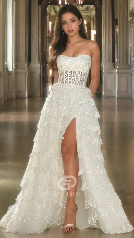 Ruffled A-Line Strapless Lace Appliques Prom Dress Side Slit Evening Dress Tunics Office stylish Ruffled A-Line Strapless Lace Appliques Prom Dress Side Slit Evening Dress Tunics Office stylish