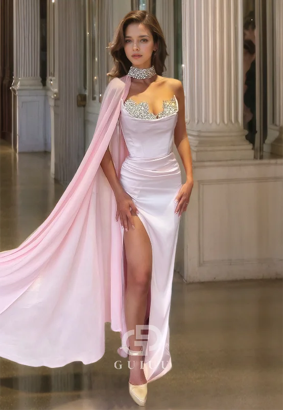 Sheath V Neck Beads Satin Pleats Side Slit Pink Long Prom Party Dress Boat Neckline Classic Sheath V Neck Beads Satin Pleats Side Slit Pink Long Prom Party Dress Boat Neckline Classic