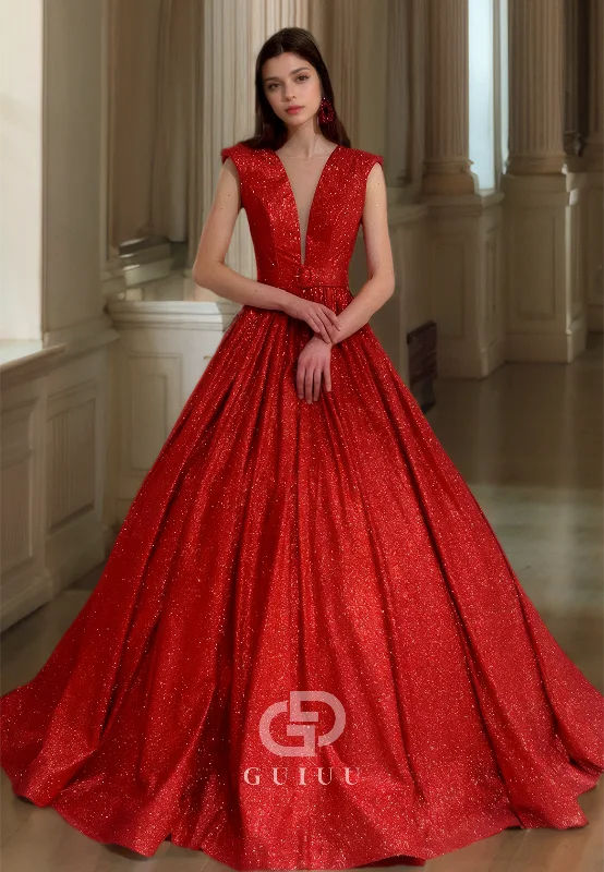 Plunging Deep V neck Cap Sleeves Red Sparkly Prom Party Dress Ball Gown Tunics Corduroy durable Plunging Deep V neck Cap Sleeves Red Sparkly Prom Party Dress Ball Gown Tunics Corduroy durable
