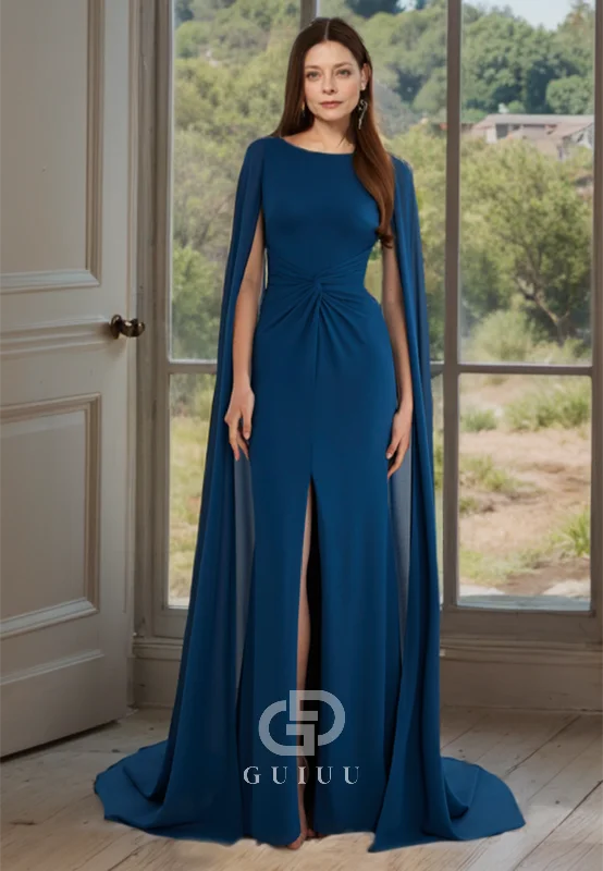 High Scoop Draped Sweep Train Mother of Bride Dress Slit Simple Evening Dress Tunics Running lightweight