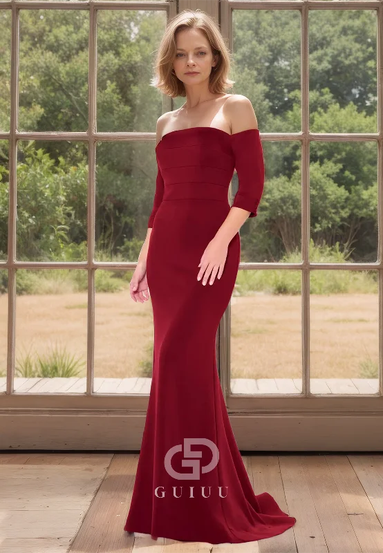 Strapless Mermaid Mother of Bride Dress Half Sleeves Simple Evening Dress Glittery Long Formal Strapless Mermaid Mother of Bride Dress Half Sleeves Simple Evening Dress Glittery Long Formal