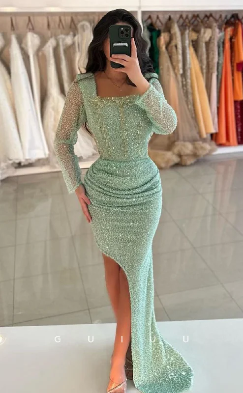 G4038 - Mermaid Square Neck Long Sleeves Fully Sequined Pleated Long Prom Party Dress with Train Pleated Skirt Elegant G4038 - Mermaid Square Neck Long Sleeves Fully Sequined Pleated Long Prom Party Dress with Train Pleated Skirt Elegant