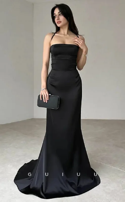 G4045 - Mermaid Halter Sleeveless Black Stain Pleats Open Back Prom Party Dress with Train Square Neckline Feminine