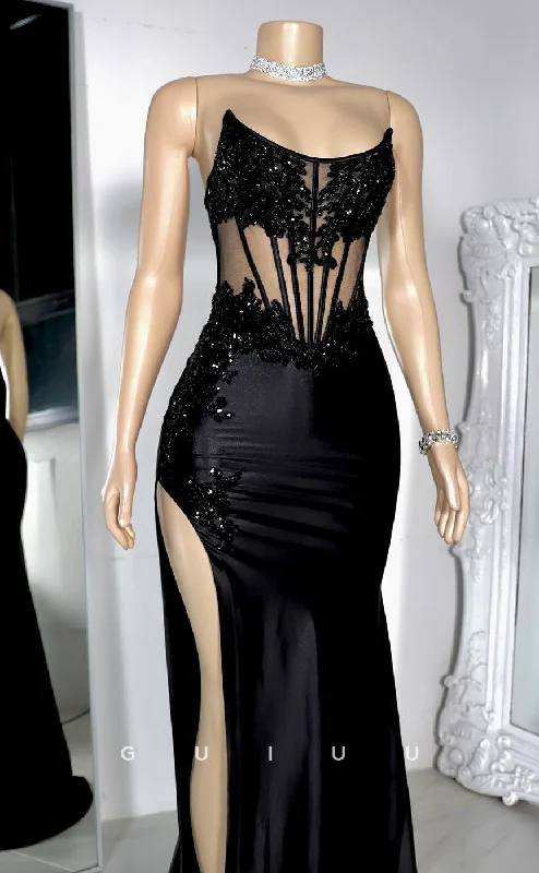 G4124 -Column Boat Neck Sleeveless Appliques Illsion Back Zipper Black Prom Party Dress with Train and Slit Tunics Brand named