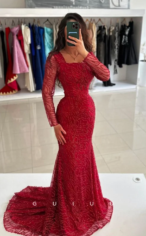 G4187 - Mermaid Square Long Sleeves Fully Sequined Beaded Tulle Long Prom Party Dress with Train Tunics Running lightweight G4187 - Mermaid Square Long Sleeves Fully Sequined Beaded Tulle Long Prom Party Dress with Train Tunics Running lightweight