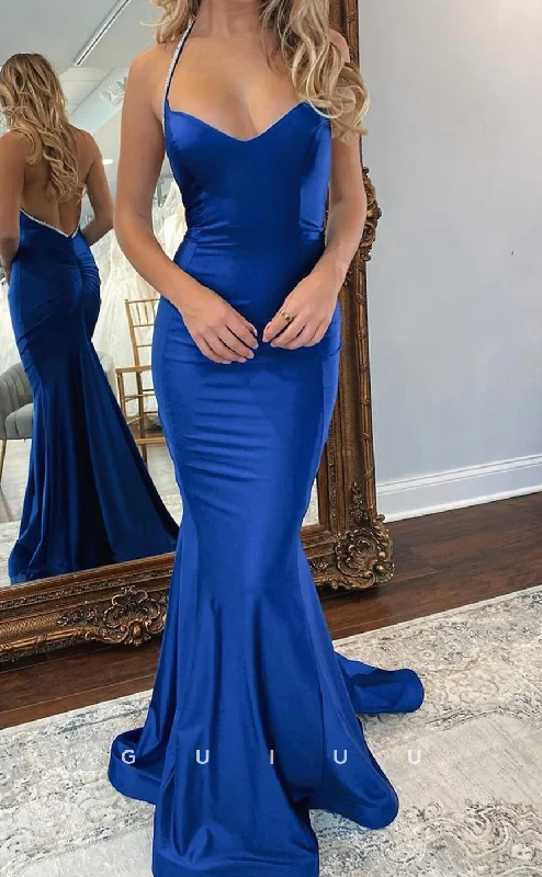 G4191 - Mermaid Strapless Halter Stain Dark Blue Backless Long Prom Party Dress with Train Tunics Gym athletic G4191 - Mermaid Strapless Halter Stain Dark Blue Backless Long Prom Party Dress with Train Tunics Gym athletic