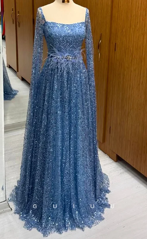 G4371 - A-Line Square Neck Long Sleeves Fully Sequined Long Prom Party Dress with Feather Pencil Length Work G4371 - A-Line Square Neck Long Sleeves Fully Sequined Long Prom Party Dress with Feather Pencil Length Work