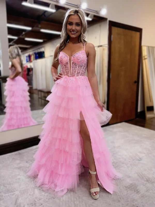 G4382 - A Line Illusion V Neck Appliques Tulle Tiered Pink Long Prom Party Dress with Slit Tunics Solid Classic