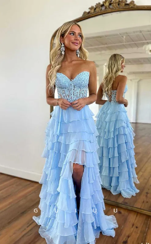 G4403 - Chic & Cute A-Line V Neck Illusion Pleats Chiffon Tiered Open Back Prom Evening Dress with Slit Boatneck Modish Everyday G4403 - Chic & Cute A-Line V Neck Illusion Pleats Chiffon Tiered Open Back Prom Evening Dress with Slit Boatneck Modish Everyday