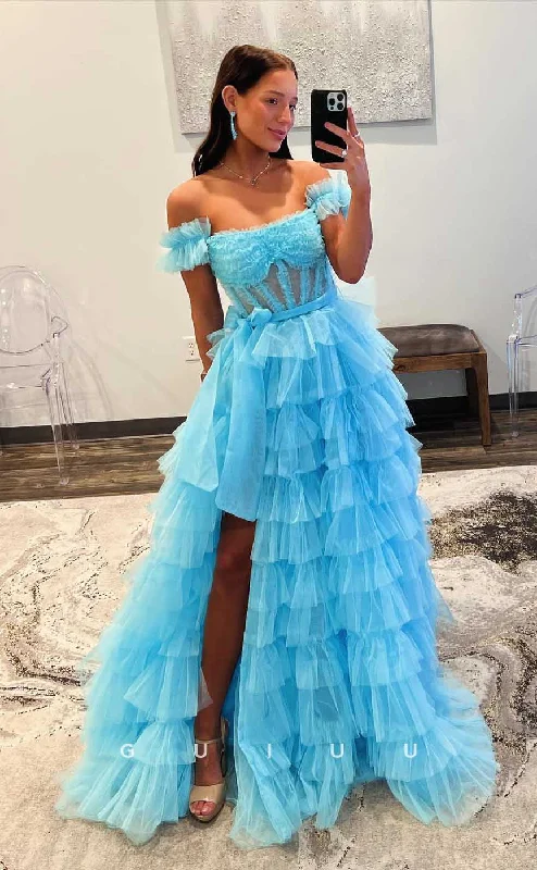 G4404 - Chic & Modern A-Line Off Shoulder Lace Tiered Illsion Lace Op Prom Party Dress with Slit Halter Neckline Beach G4404 - Chic & Modern A-Line Off Shoulder Lace Tiered Illsion Lace Op Prom Party Dress with Slit Halter Neckline Beach