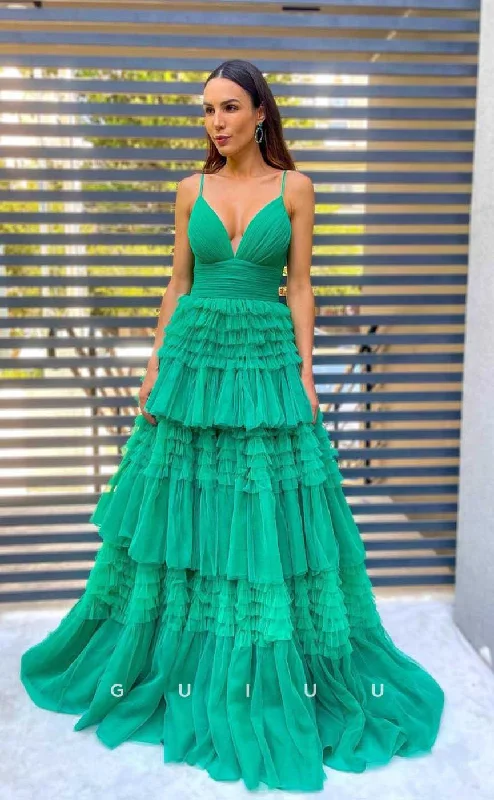 G4418 - Casual & Cute A-Line Low V Neck Spaghetti Straps Tulle Tiered Long Sweep Prom Party Dress Tunics Versatile stylish