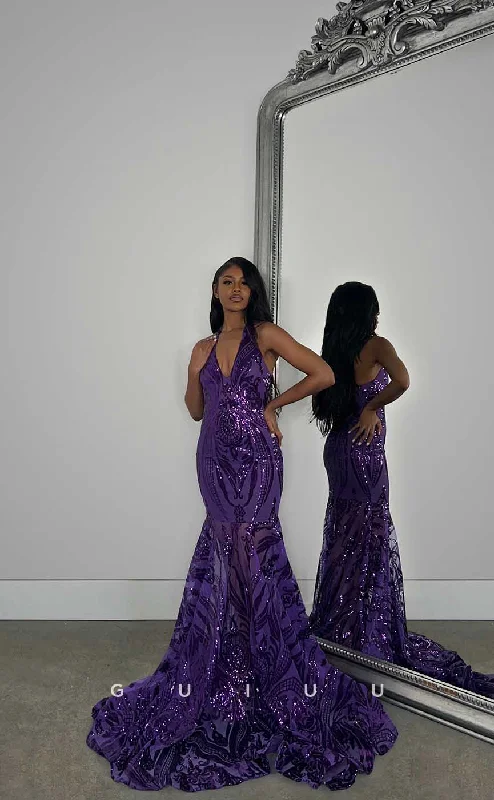 G4425 - Unique Mermaid Halter Sequined Sleeveless Open Back Prom Evening Dress with Train for Black Girl Slay Pleated Skirt Elegant G4425 - Unique Mermaid Halter Sequined Sleeveless Open Back Prom Evening Dress with Train for Black Girl Slay Pleated Skirt Elegant