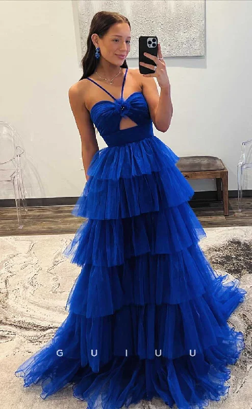 G4432 - Classic & Timeless Blue A-Line Strapless Halter Tulle Tiered Open Back Long Sweep Prom Party Dress Tunics Velvet soft