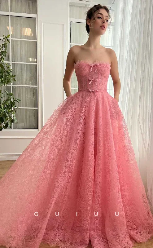 G4437 - Cute Pink A-Line Strapless Pleats Lace Long Prom Party Dress with Bowknot Tunics Floral girly