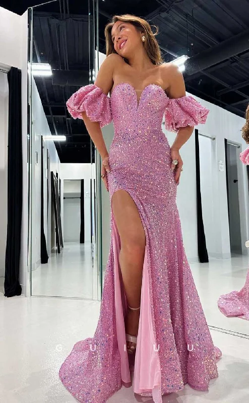 G4441 - Chic & Modern Pink Column Off-Shoulder Allover Beaded Long Prom Party Dresss with Slit Satin Halter Glamorous G4441 - Chic & Modern Pink Column Off-Shoulder Allover Beaded Long Prom Party Dresss with Slit Satin Halter Glamorous