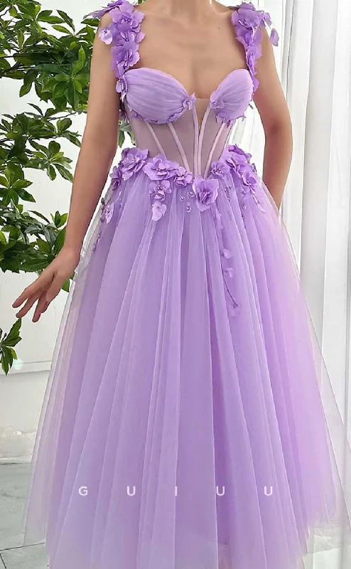 G4446 - Classsic & Unique A-Line Tulle Strapless Pleats Prom Party Dress with Flower Straps Off-the-shoulder Chic Trendy