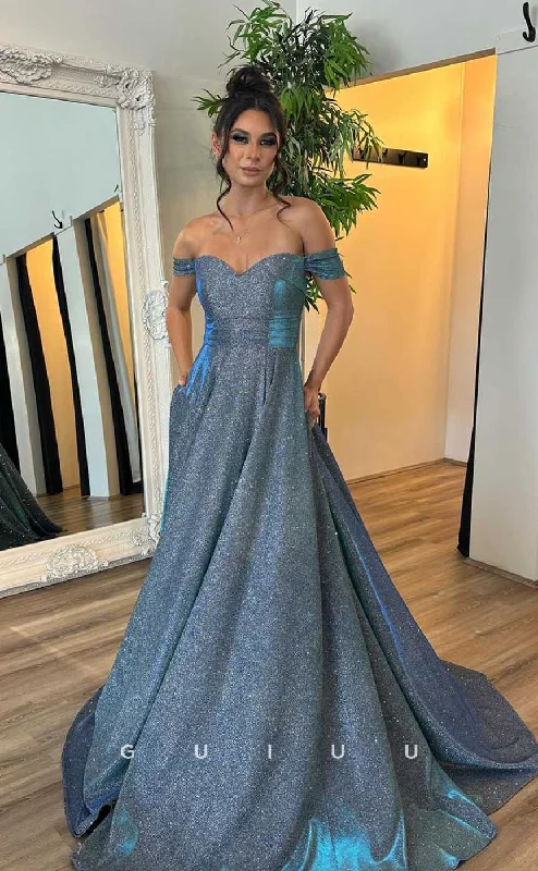 G4454 - Glamorous A-Line Off-Shoulder Shiny Prom Party Dress with Pocket Tunics Satin smooth G4454 - Glamorous A-Line Off-Shoulder Shiny Prom Party Dress with Pocket Tunics Satin smooth